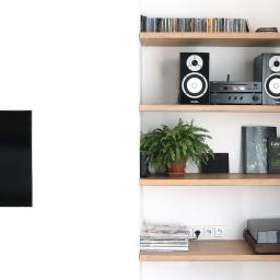 AGNIESZKA LISEK architekt wnętrz - Telewizor na ścianie, półki z jasnego drewna z głośnikami Yamaha, wzmacniaczem, płytami CD, paprotką w doniczce, książkami i gramofonem, minimalistyczny salon.