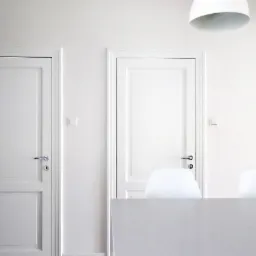 Minimalistyczne wnętrze: dwie białe, klasyczne drzwi z srebrnymi klamkami na białej ścianie, białe krzesła i lampa sufitowa w tle, utrzymane w jednolitej, jasnej kolorystyce.