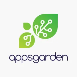Logo firmy AppsGarden: zielone liście z elementami obwodów drukowanych, nazwa firmy w kolorze granatowym. Minimalistyczny design, nowoczesny charakter.