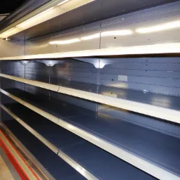 Puste półki w chłodniczej ladzie sklepowej z oświetleniem LED, widoczne otwory wentylacyjne w dolnej części.