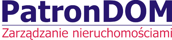 Logo firmy PatronDOM z napisem 'Zarządzanie nieruchomościami' w kolorach granatowym i różowym.
