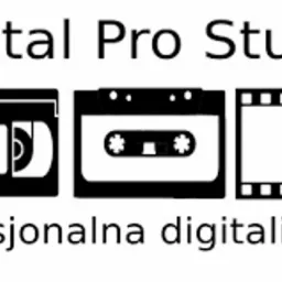 Grafika z napisem Digital Pro Studio i Profesjonalna digitalizacja, pomiędzy którymi znajdują się trzy czarne ikony: kaseta VHS, kaseta magnetofonowa oraz klatka filmu.