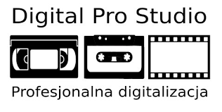 Grafika z napisem Digital Pro Studio i Profesjonalna digitalizacja, pomiędzy którymi znajdują się trzy czarne ikony: kaseta VHS, kaseta magnetofonowa oraz klatka filmu.
