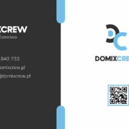 Wizytówka firmy Domixcrew z logo, danymi kontaktowymi, adresem strony internetowej, adresem e-mail i kodem QR na białym tle.