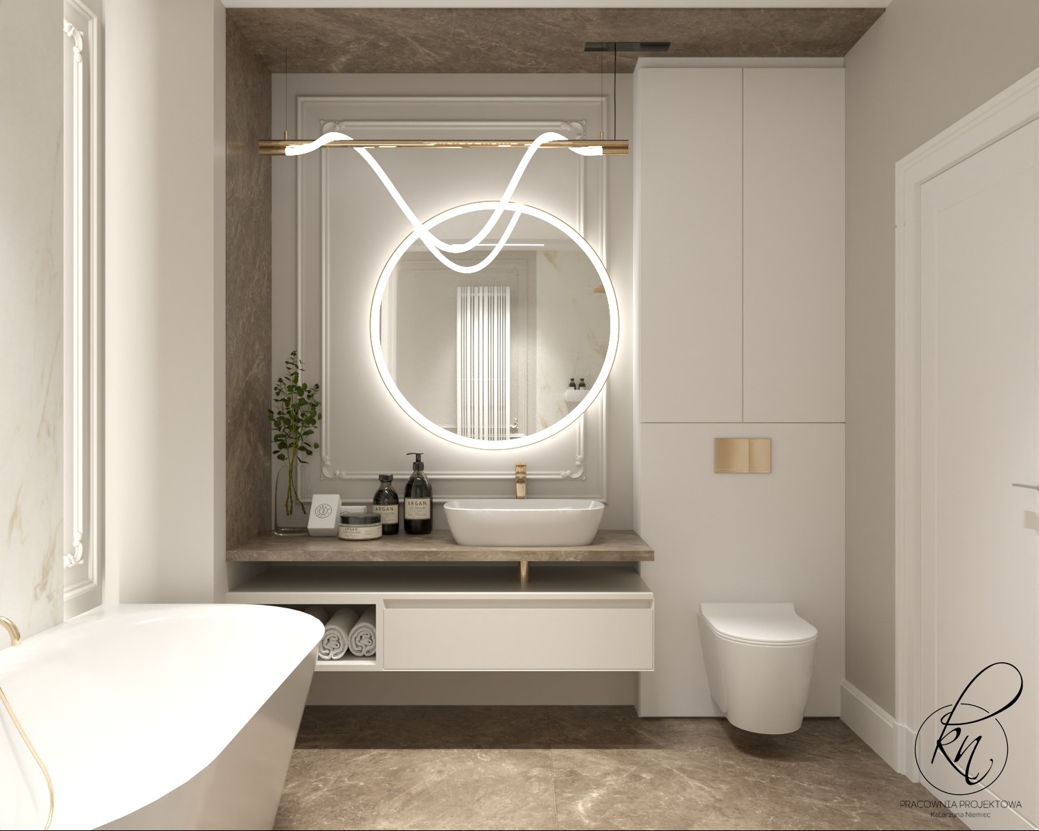 Elegancka łazienka z okrągłym lustrem podświetlanym LED, białą umywalką nablatową, minimalistyczną armaturą w kolorze złota, marmurowym blatem i wiszącą toaletą.