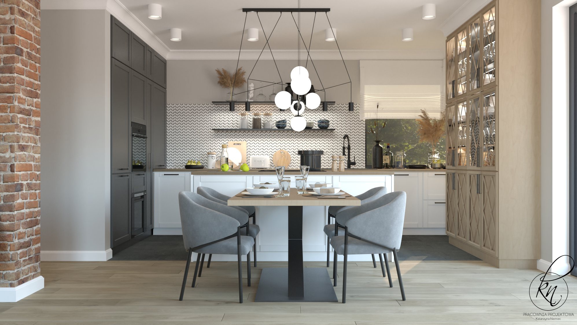 Nowoczesna jadalnia z ceglaną ścianą, szarymi krzesłami i designerską lampą wiszącą na tle wzorzystej ściany w kuchni.
