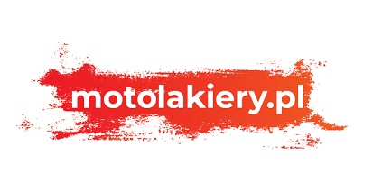 Logo firmy motolakierzy.pl na pomarańczowo-czerwonym, rozmytym tle.