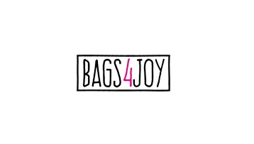 Logo firmy Bags4Joy w czarnej ramce, z różowym napisem '4' na białym tle.
