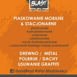 Reklama firmy oferującej usługi czyszczenia powierzchni, w tym piaskowanie mobilne i stacjonarne, hydropiaskowanie, sodowanie, szkiełkowanie, mycie hydrodynamiczne, czyszczenie drewna, metalu...
