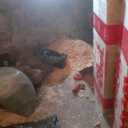 JUŻ w PORZĄDKU - Opróżniony strych ze stertą trocin, workami i paczkami wełny mineralnej Rockwool. Czerwone rękawice robocze leżą na podłodze.