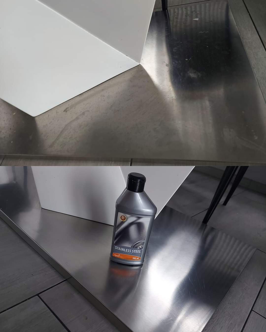 Zdjęcie typu 'przed i po' czyszczenia stali nierdzewnej. Na dolnym ujęciu butelka środka czyszczącego. Widoczne różnice w połysku powierzchni.