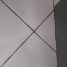 Białe, błyszczące płytki ułożone w karo z ciemną fugą, fragment ciemnej płytki po prawej. Minimalistyczne ujęcie detalu wyczyszczonej powierzchni.