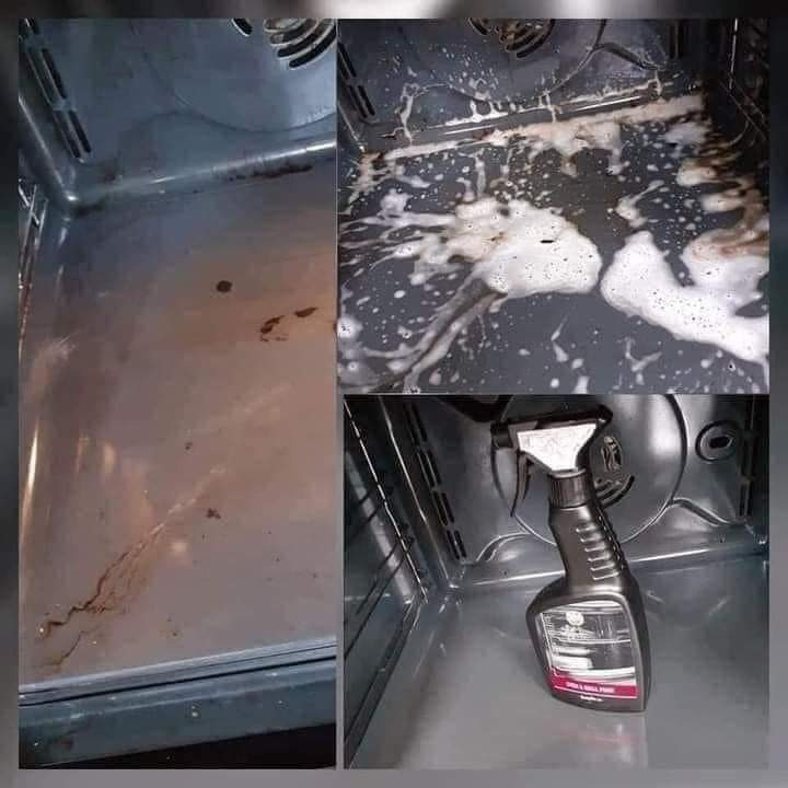 Kuchenka przed, w trakcie czyszczenia pianą i po wyczyszczeniu, z widocznym środkiem czyszczącym w spryskiwaczu. Prezentacja efektu sprzątania.