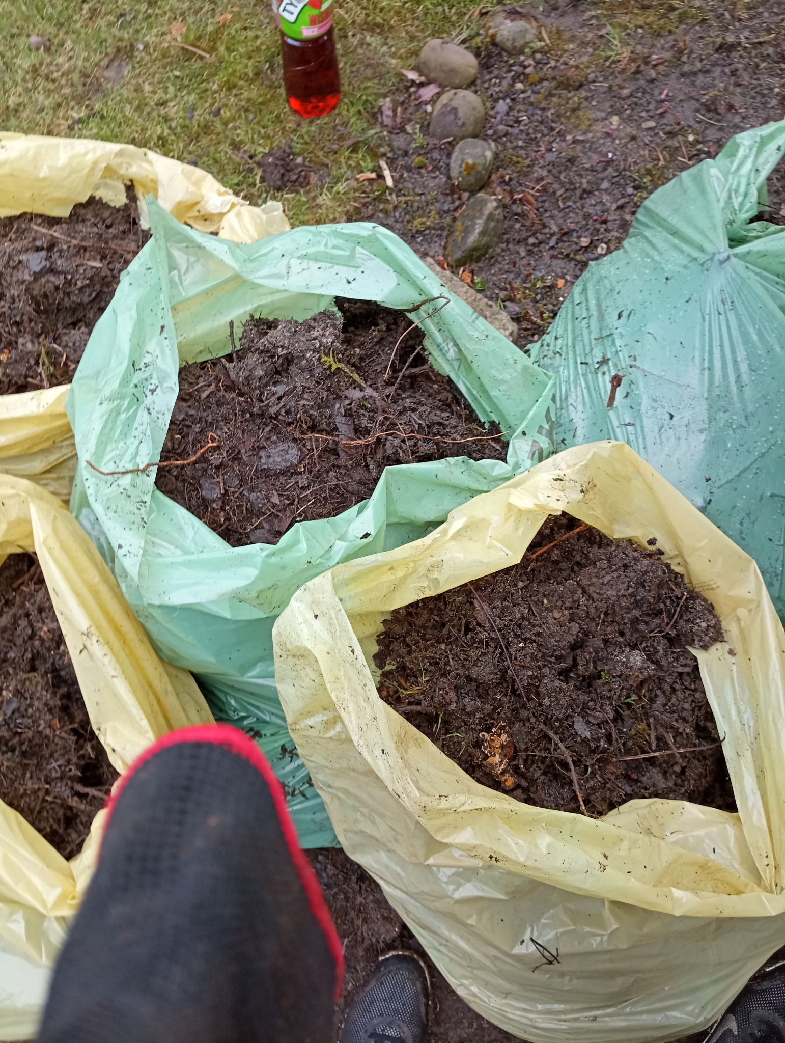 Worki wypełnione ziemią i resztkami roślinnymi, prawdopodobnie po pracach ogrodniczych. Widoczne buty i rękawice sugerują etap porządkowania terenu.
