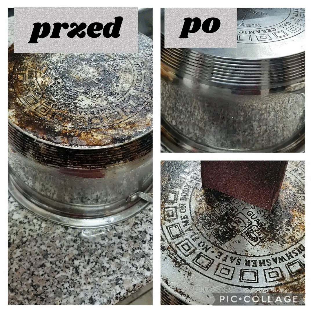 Garnki przed i po czyszczeniu w Suchej Beskidzkiej. Widoczne przypalenia usunięte. Porównanie stanu przed i po zabiegu, z użyciem gąbki do szorowania.