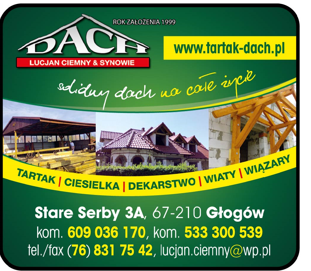 Reklama firmy dekarskiej z logo, adresem, numerami telefonów i hasłem 'Solidny dach na całe życie', prezentująca realizacje: budynek z czerwonym dachem, drewnianą konstrukcję dachu i tartak.