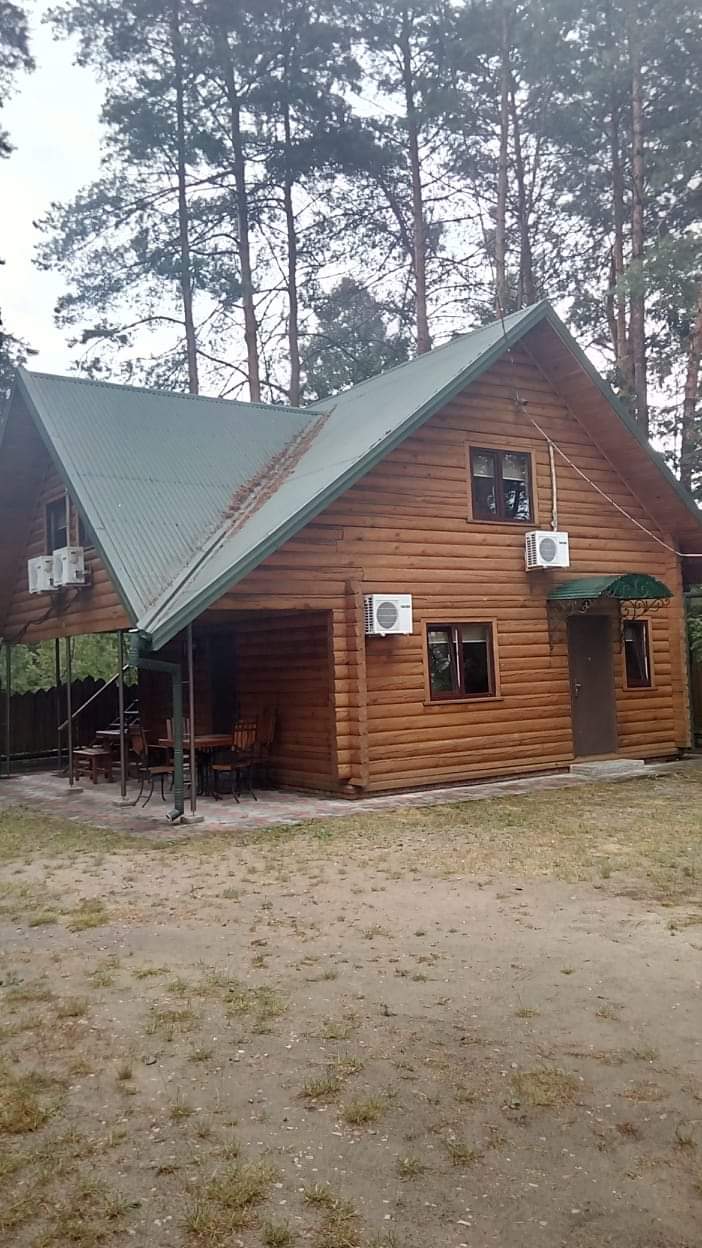 Drewniany dom z zielonym dachem i trzema klimatyzatorami na elewacji, otoczony drzewami.