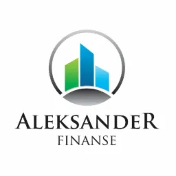 Logo firmy Aleksander Finanse z trzema abstrakcyjnymi budynkami w odcieniach zieleni i błękitu, umieszczonymi w szarym okręgu.