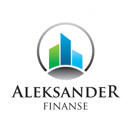 Logo firmy Aleksander Finanse z trzema abstrakcyjnymi budynkami w odcieniach zieleni i błękitu, umieszczonymi w szarym okręgu.