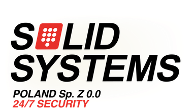 Logo firmy Solid Systems Poland Sp. z o.o. z czerwonym elementem graficznym przypominającym klawiaturę numeryczną i napisem 24/7 SECURITY.
