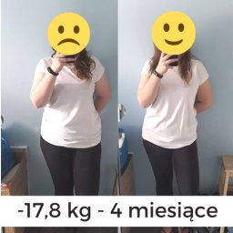 Piotr Bartyński Trener Personalny - Zdjęcie 'przed i po' przedstawiające zmianę sylwetki kobiety po 4 miesiącach, z zaznaczonym uśmiechem i smutkiem na twarzy za pomocą emotikonów.