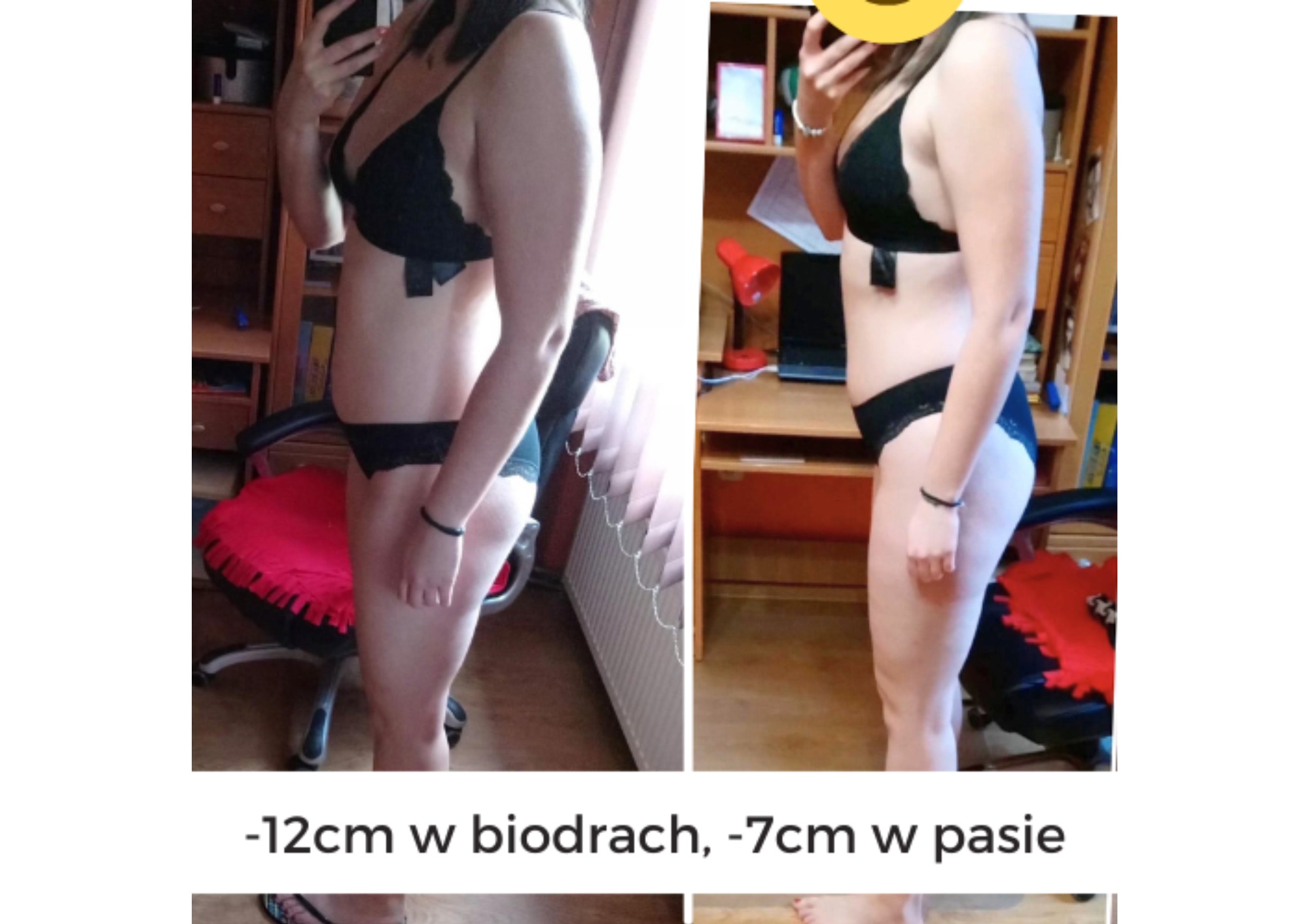 Kobieta prezentuje sylwetkę przed i po zmianie, widoczne zmniejszenie obwodu bioder i talii, na zdjęciu widoczne meble, biurko z lampką i krzesło z czerwonym siedziskiem.
