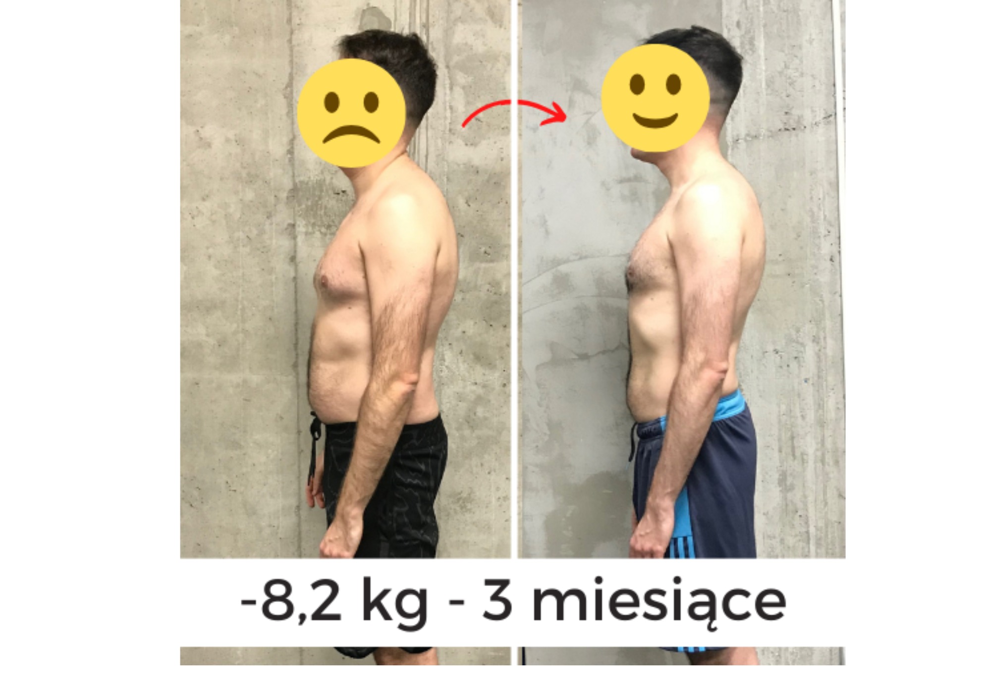 Mężczyzna przed i po treningu personalnym, widoczna zmiana sylwetki po 3 miesiącach i utrata 8.2 kg, porównanie postawy i redukcji tkanki tłuszczowej, na tle betonowej ściany.