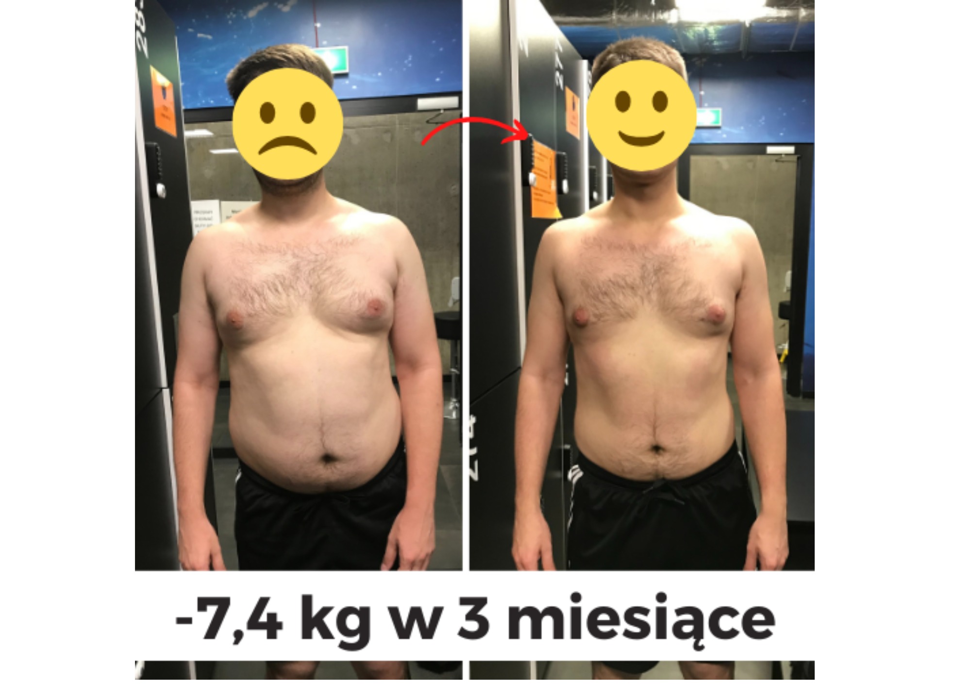 Mężczyzna przed i po metamorfozie, utrata 7.4 kg w 3 miesiące, widoczne zmiany w sylwetce, porównanie sylwetki przed i po treningu.