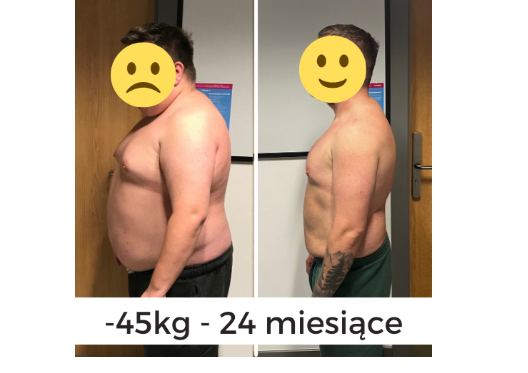 Mężczyzna przed i po metamorfozie sylwetki, utrata 45kg w 24 miesiące, widoczne zmiany w postawie i budowie ciała, tatuaż leśny na ramieniu po prawej stronie.
