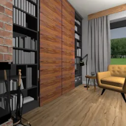 Wizualizacja salonu z ceglanym kominkiem, drewnianymi regałami na książki i szafą z forniru w kolorze orzecha, oraz żółtym fotelem na tle okna z widokiem na zieleń.