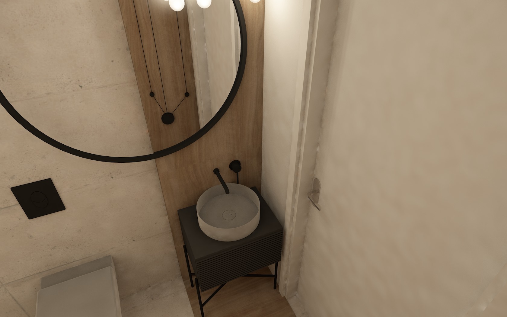 Wizualizacja łazienki z okrągłym lustrem w czarnej ramie, wiszącą umywalką na szafce z lamelami oraz nowoczesną lampą z kulistymi żarówkami.