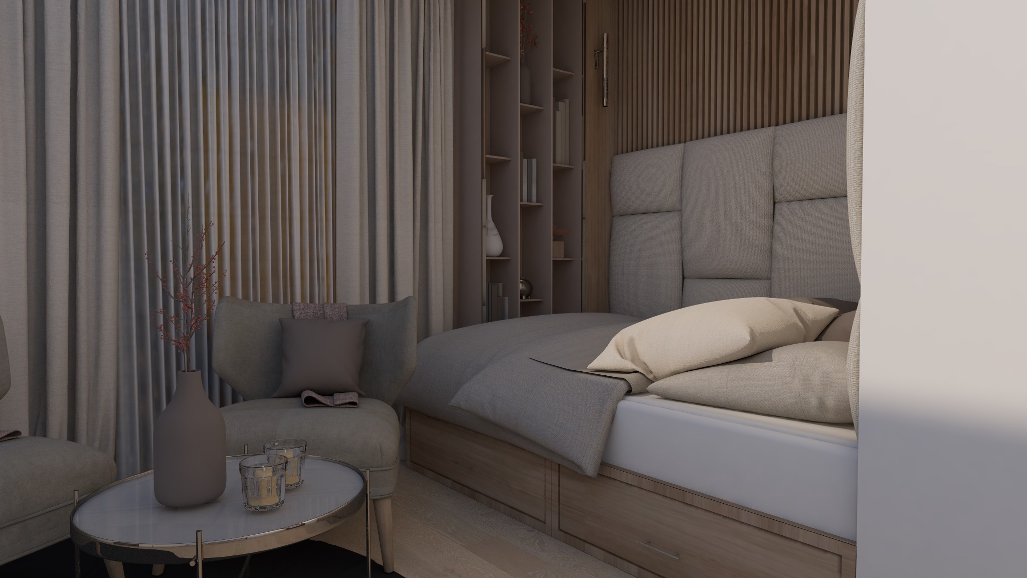 Neutralna kolorystyka sypialni z łóżkiem z tapicerowanym zagłówkiem, stolikiem kawowym z dekoracjami i regałem w tle, oświetlona ciepłym światłem.