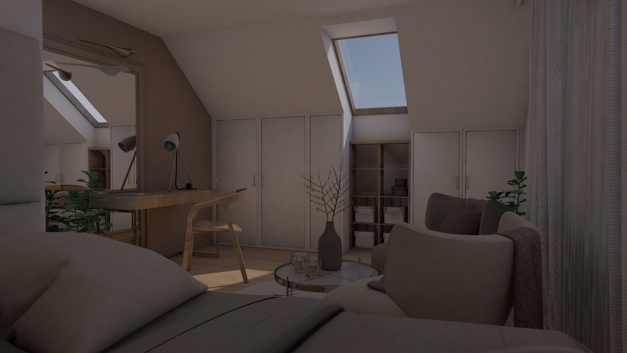 Pokój na poddaszu z oknem dachowym, biurkiem z lampkami, krzesłem i kanapą, wazonem z gałązkami na stoliku kawowym oraz zabudową szaf w tle.