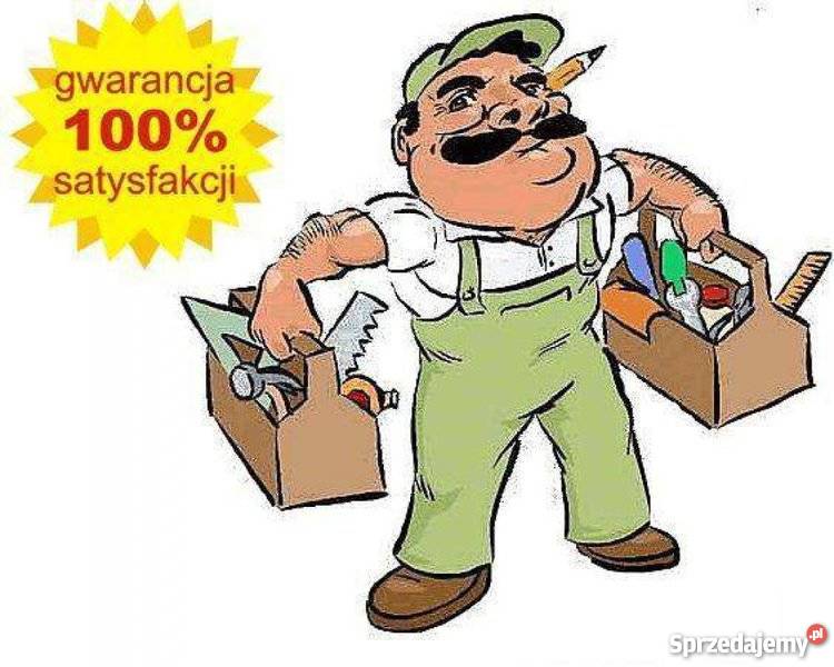 Karykaturalny wizerunek majstra w zielonym kombinezonie, niosącego dwie skrzynki z narzędziami, z napisem 'gwarancja 100% satysfakcji' w tle.