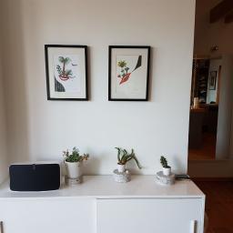 SPIC AND SPAN. Home & Office Cleaning - Biała komoda z dwoma obrazkami w czarnych ramkach, trzema małymi doniczkami z sukulentami na betonowych podstawkach i głośnikiem Sonos. W tle widoczne wejście do garderoby z lustrem.