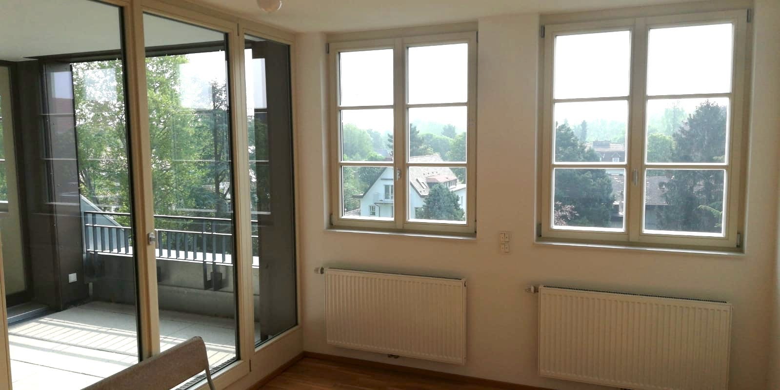 Jasne wnętrze mieszkania z widokiem na zieleń przez duże okna i przeszklone drzwi balkonowe, dwa białe grzejniki pod oknami.