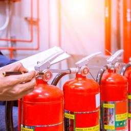 Szkolenia i Doradztwo BHP i PPOŻ. Monika Puzio - Cztery czerwone gaśnice ustawione w rzędzie, mężczyzna w niebieskiej koszuli sprawdza pierwszą gaśnicę, trzymając w ręku czarny długopis i notatnik.