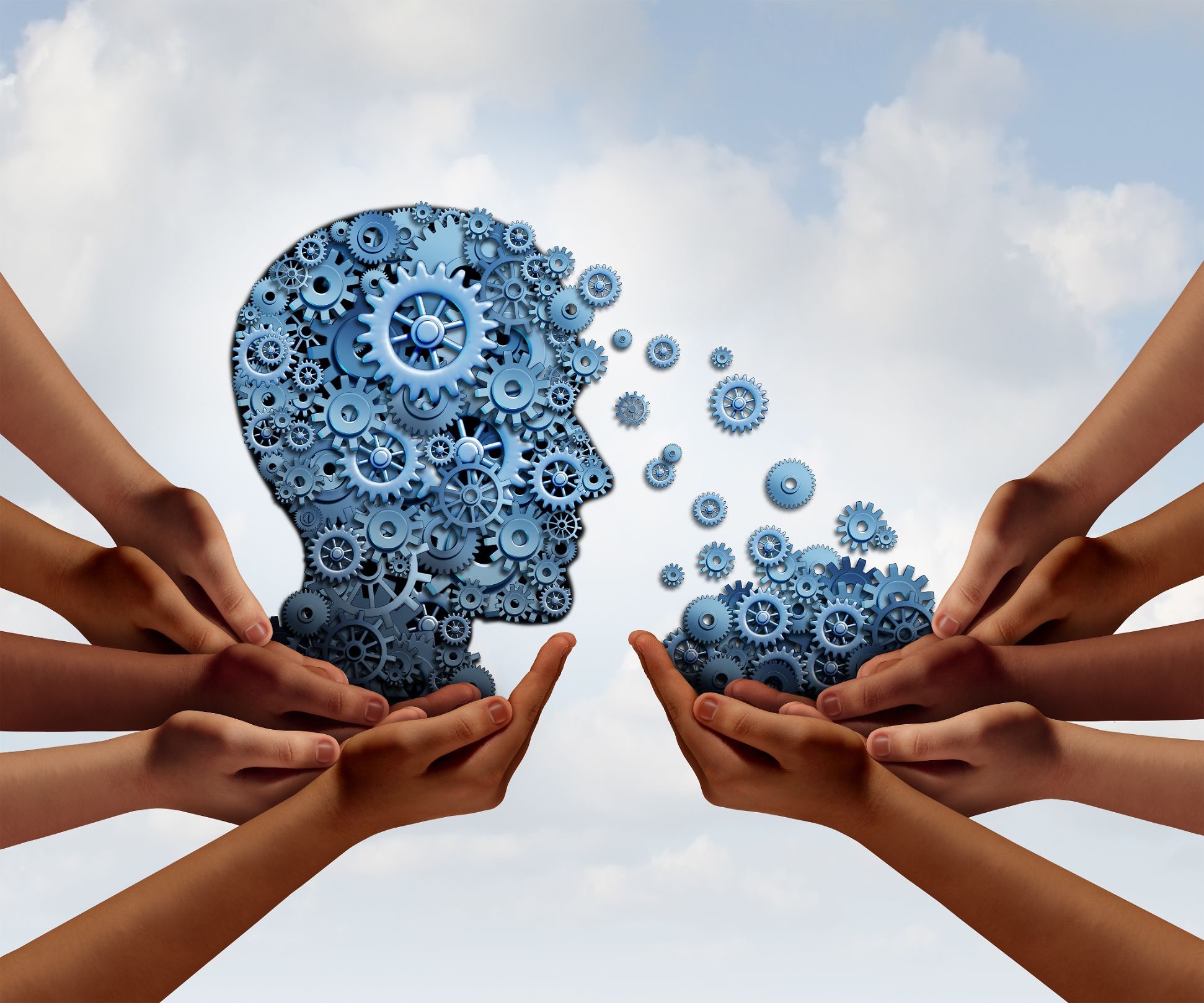 Głowa człowieka zbudowana z niebieskich trybików, z której wysypują się kolejne trybiki, podtrzymywane przez dłonie o różnym kolorze skóry na tle nieba.