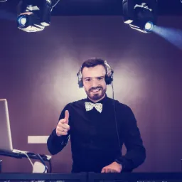 Uśmiechnięty DJ w muszce z nutami, słuchawkach i czarnej koszuli, daje kciuk w górę, za nim laptop, oświetlenie sceniczne i kolumny z czerwonymi diodami.