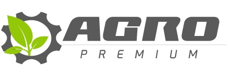 Logo firmy Agro Premium: szara zębatka z zielonymi liśćmi, szary napis AGRO nad napisem PREMIUM.