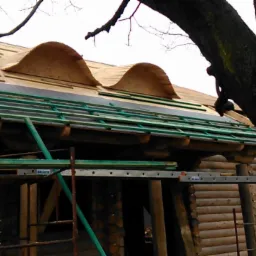 Budowa dachu z lukarnami na drewnianym domu, widok z rusztowania. Elementy więźby dachowej, deski i papa widoczne na tle drzewa.