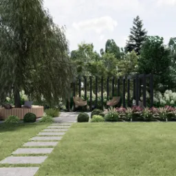 Wizualizacja ogrodu z ścieżką z płyt kamiennych prowadzącą do drewnianego podestu z siedziskami i laptopem, w tle pergola z wiszącymi fotelami i kwitnące krzewy.