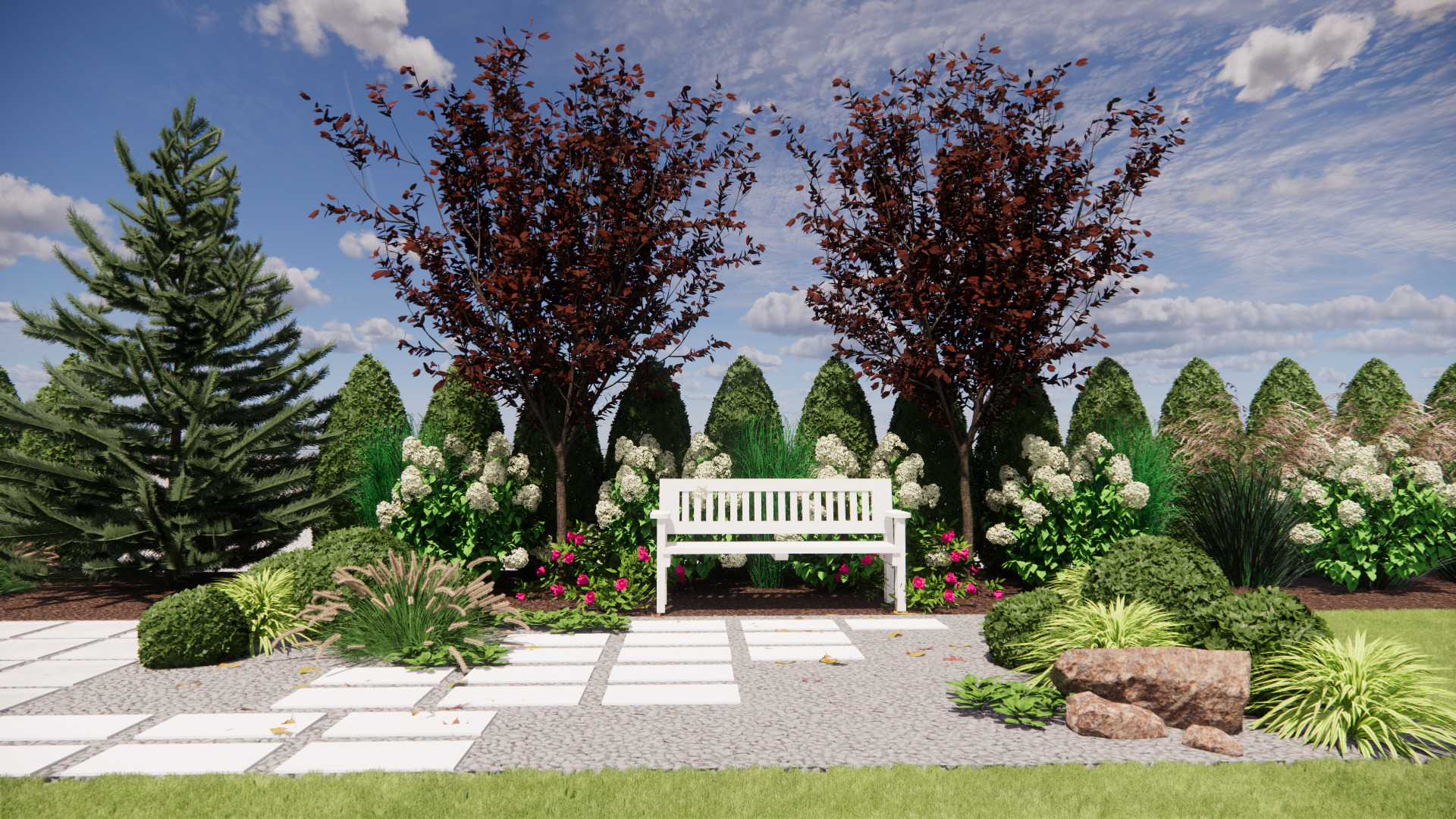 Wizualizacja ogrodu z białą ławką na tle formowanych krzewów, drzew z bordowymi liśćmi i kwitnących hortensji. Ścieżka z kwadratowych płyt prowadzi przez szary żwir.
