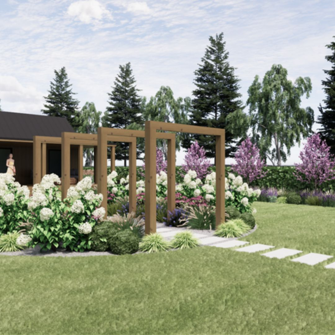 Wizualizacja ogrodu z drewnianą pergolą, białymi hortensjami, ścieżką z płyt chodnikowych i różowymi krzewami ozdobnymi na tle domu z czarnym dachem.