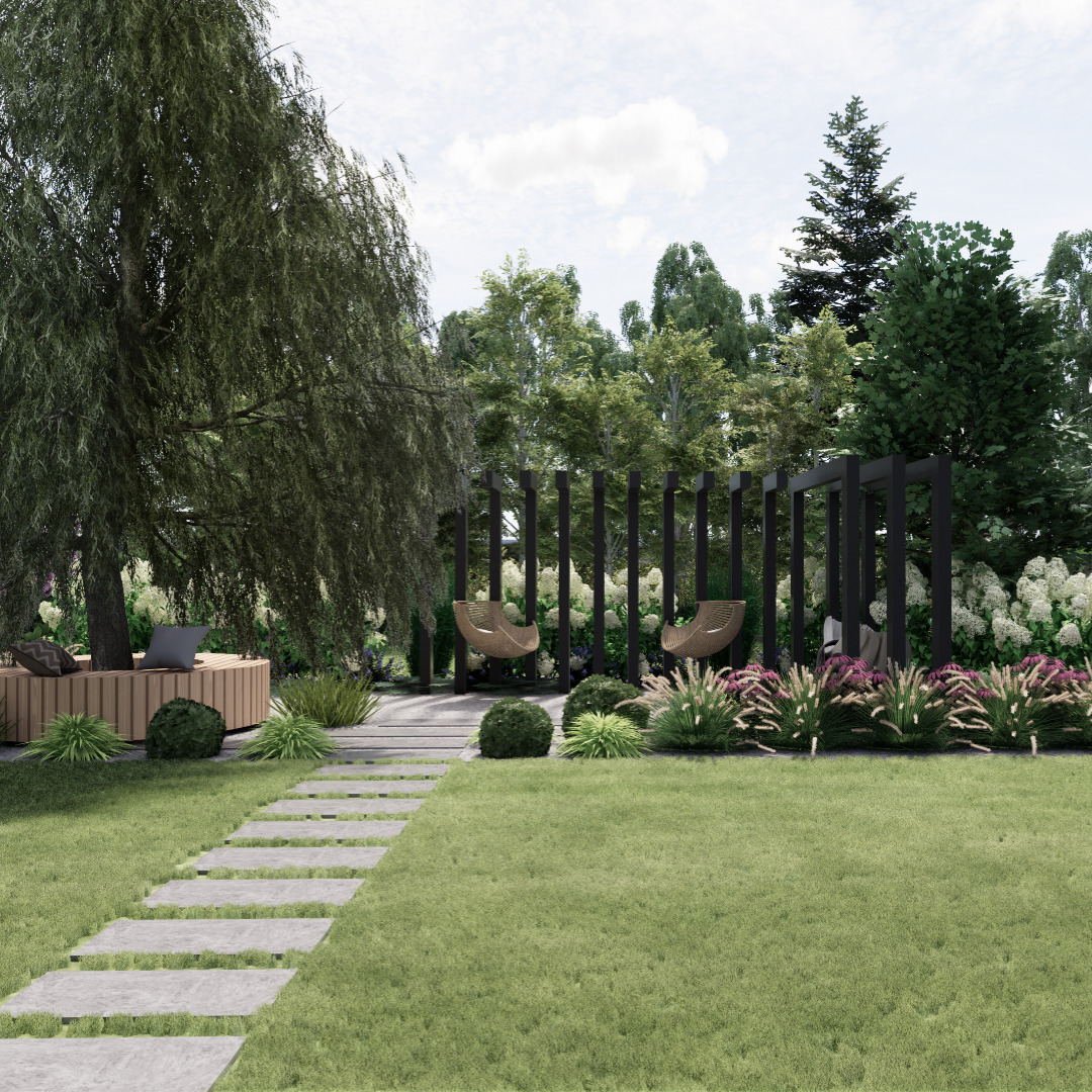 Wizualizacja ogrodu z ścieżką z płyt kamiennych prowadzącą do drewnianego podestu z siedziskami i laptopem, w tle pergola z wiszącymi fotelami i kwitnące krzewy.