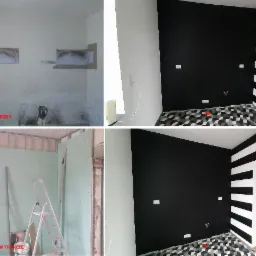 Kolaż przedstawiający metamorfozę wnętrza: stan surowy z odsłoniętymi instalacjami, ściany w trakcie zabudowy płytami gipsowo-kartonowymi oraz wykończone wnętrze z czarną ścianą, geometryczną...