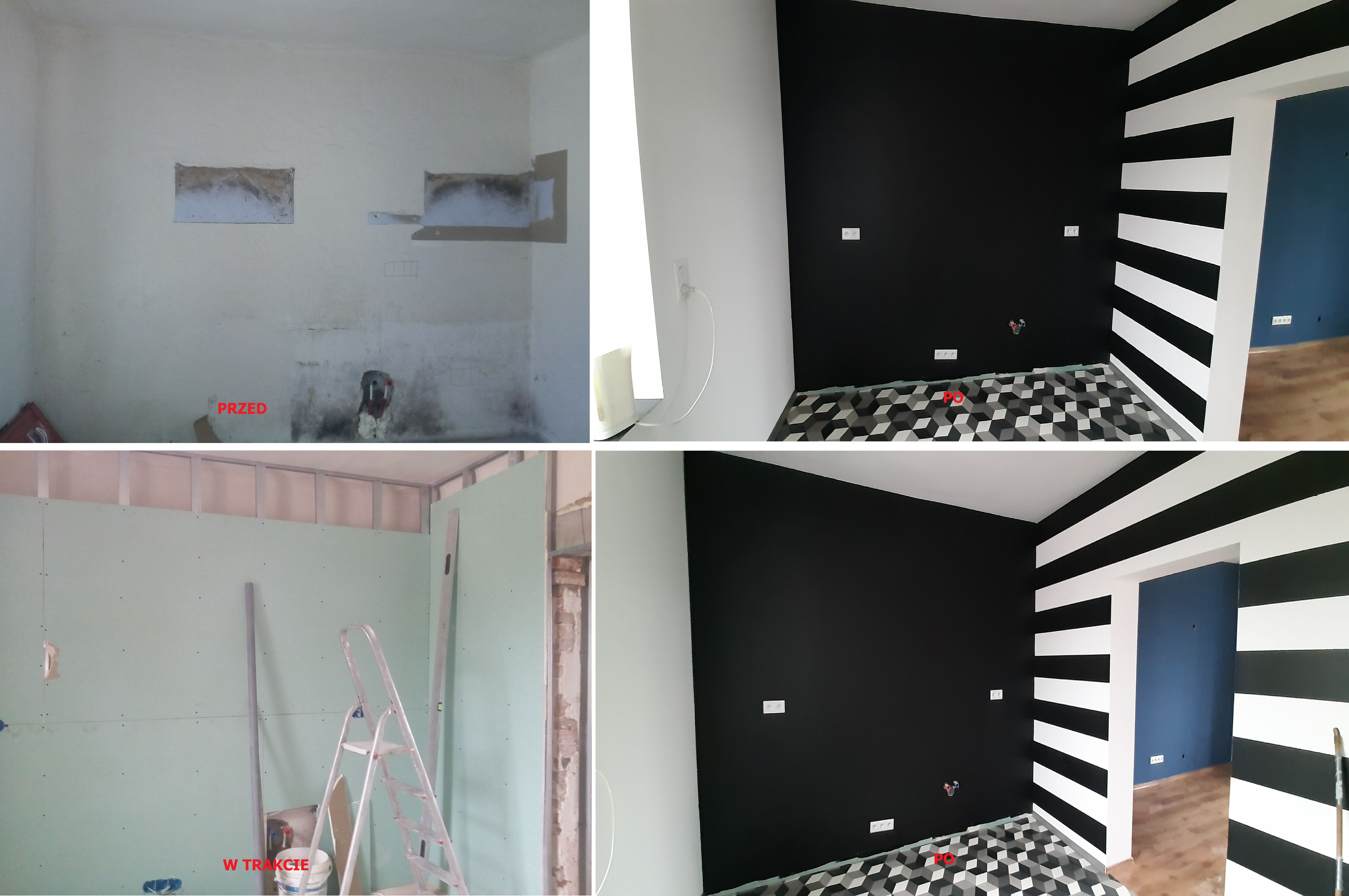 Kolaż przedstawiający metamorfozę wnętrza: stan surowy z odsłoniętymi instalacjami, ściany w trakcie zabudowy płytami gipsowo-kartonowymi oraz wykończone wnętrze z czarną ścianą, geometryczną...