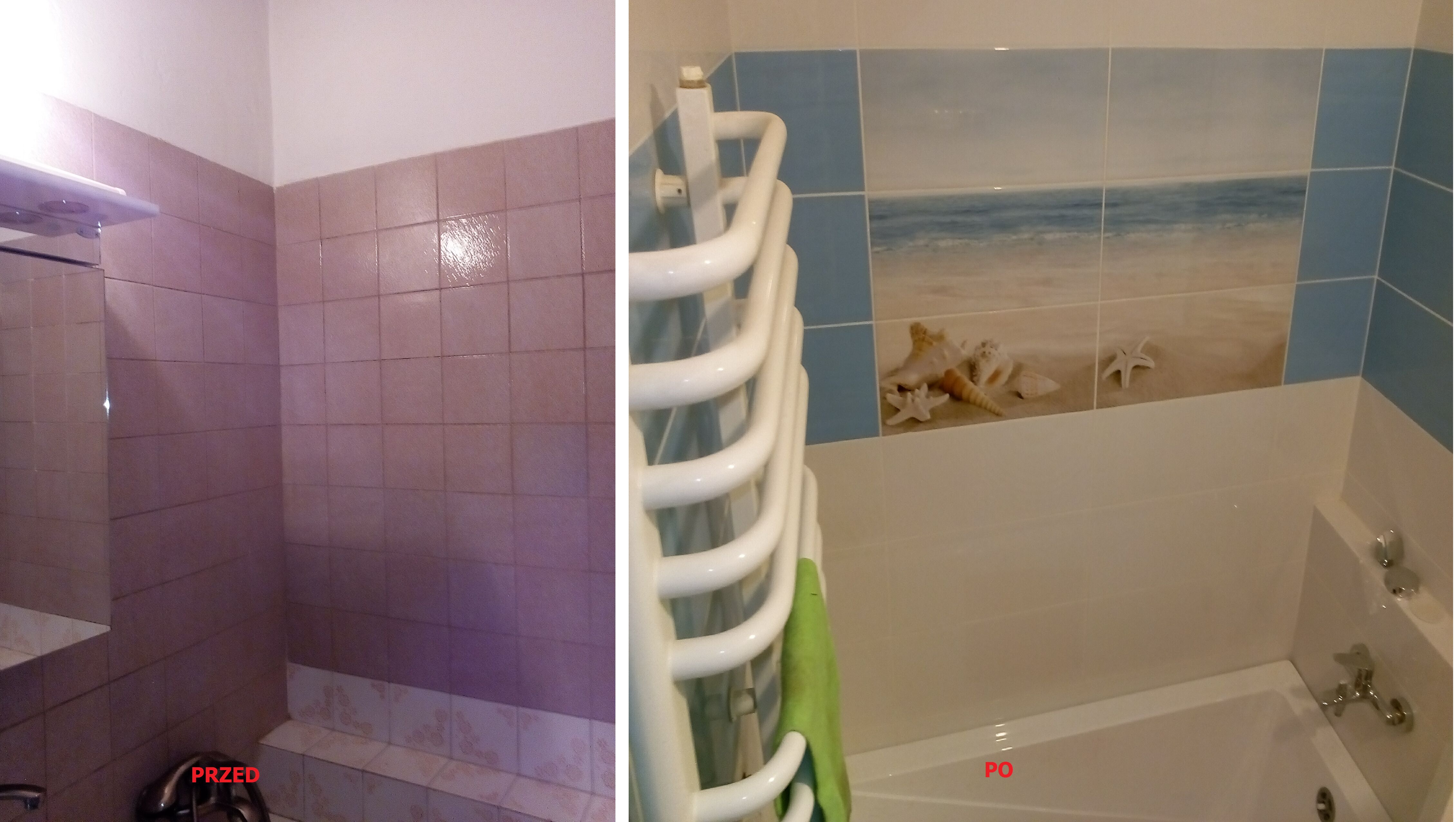 Porównanie łazienki przed i po: stare, różowe płytki kontra nowe, białe z motywem morskim nad wanną i grzejnikiem drabinkowym.