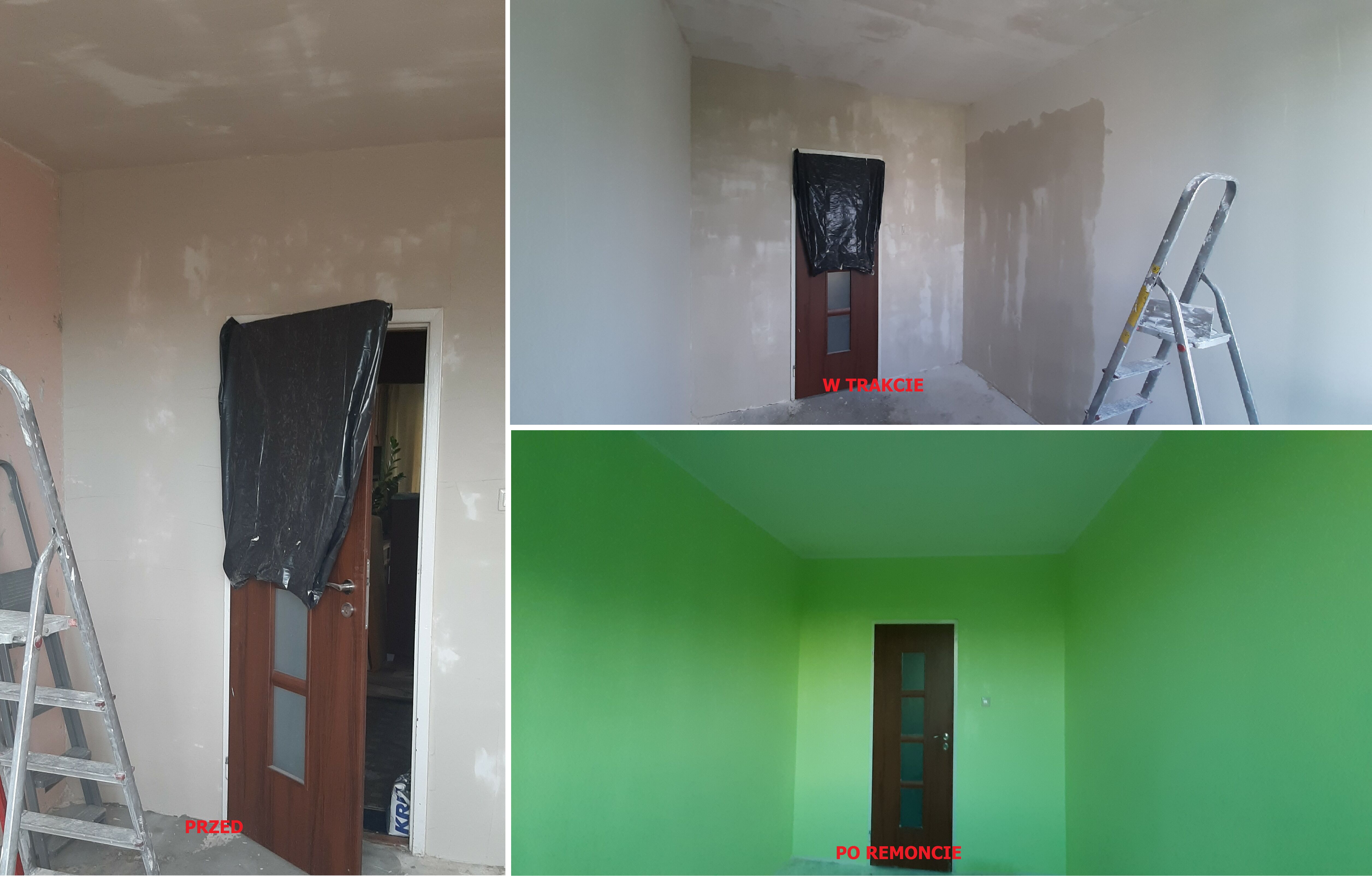 Trzy ujęcia tego samego pokoju: przed, w trakcie i po pracach wykończeniowych. Na pierwszym ujęciu ściany przygotowane do prac, na drugim ściany zacierane, na trzecim pomalowane na zielono.