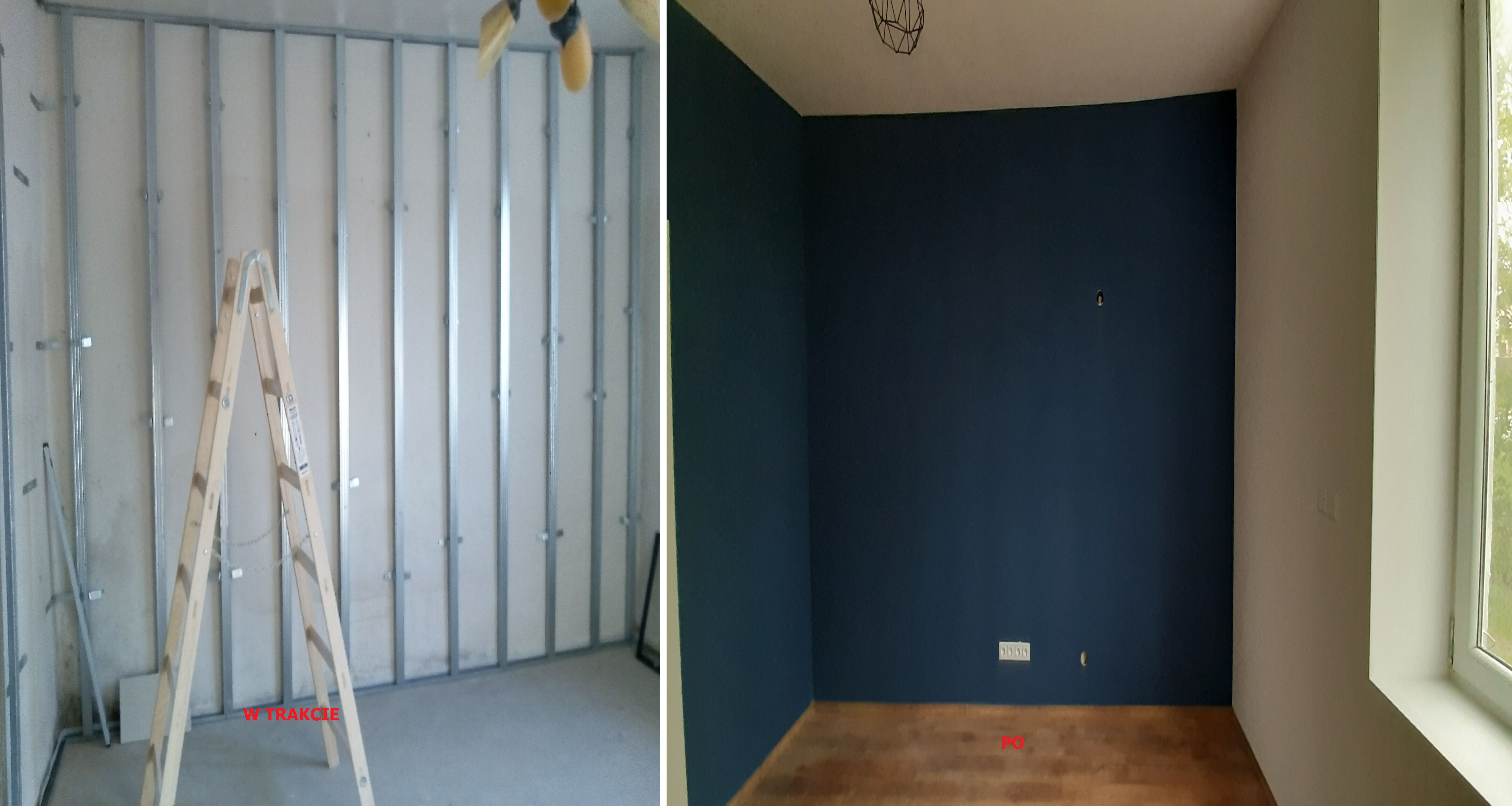 Porównanie stanu pokoju przed i po: surowe ściany z metalowym stelażem i schodami w trakcie prac versus pomalowane na granatowo ściany z drewnianą podłogą i widocznymi gniazdkami.